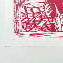 画像をギャラリービューアに読み込む, 横山裕一「ファッションと密室」木版画(赤)