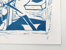 画像をギャラリービューアに読み込む, 横山裕一「ファッションと密室」木版画(青)
