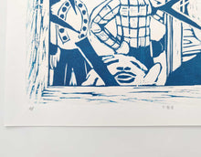 画像をギャラリービューアに読み込む, 横山裕一「ファッションと密室」木版画(青)